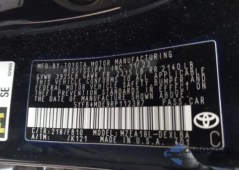 2024 Toyota Corolla Le z USA, uszkodzony, nr VIN 5YFB4MDE9RP112387